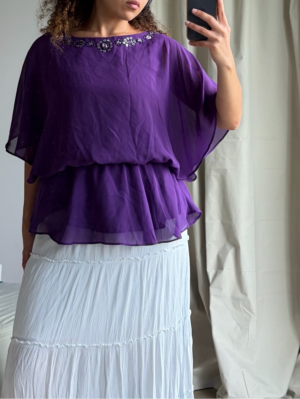 Y2K Purple Chiffon Jeweled Peplum Top Size 10